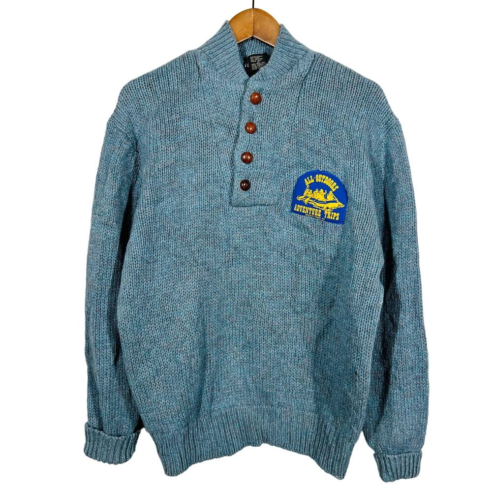 Vintage 70s All-Outdoors Adventure Trips Sweater Mock Neck Walnut Creek Blue- XL